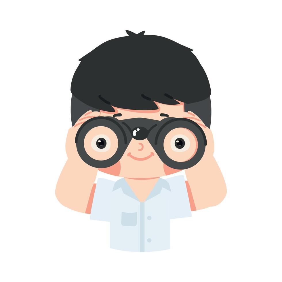 young boy student using binoculars vector