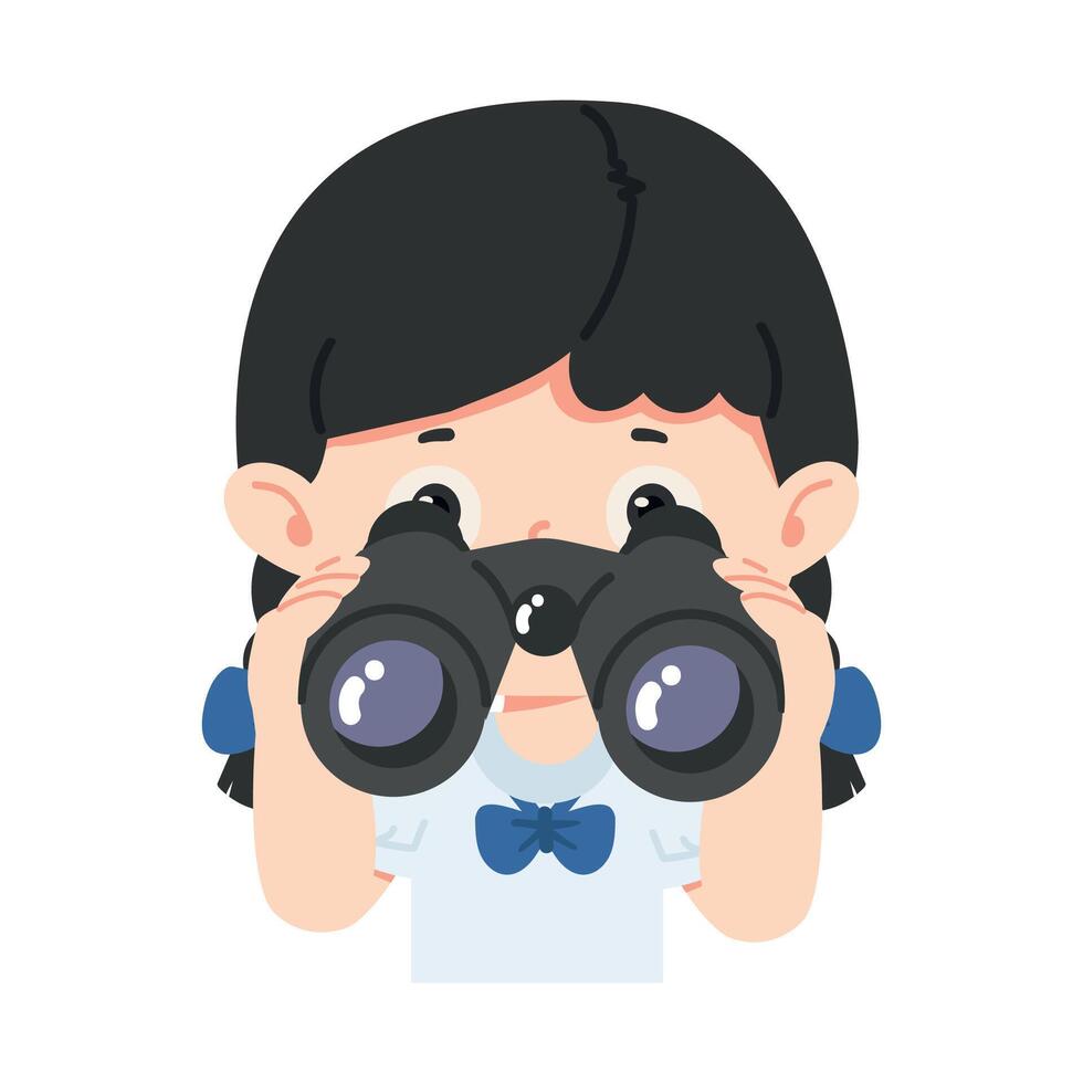 Kid girl student see using binocular vector