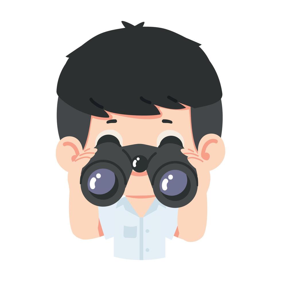 Kid boy student see using binocular vector