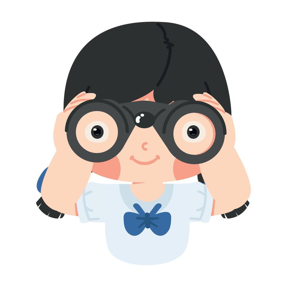 young girl student using binoculars vector
