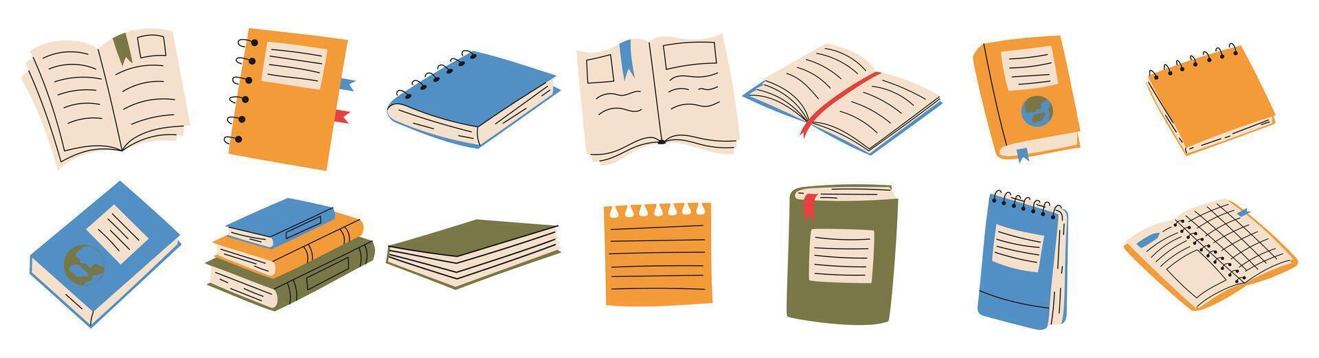 Set of hand drawn books. Stacks of books, notes, open books. Education concept vector