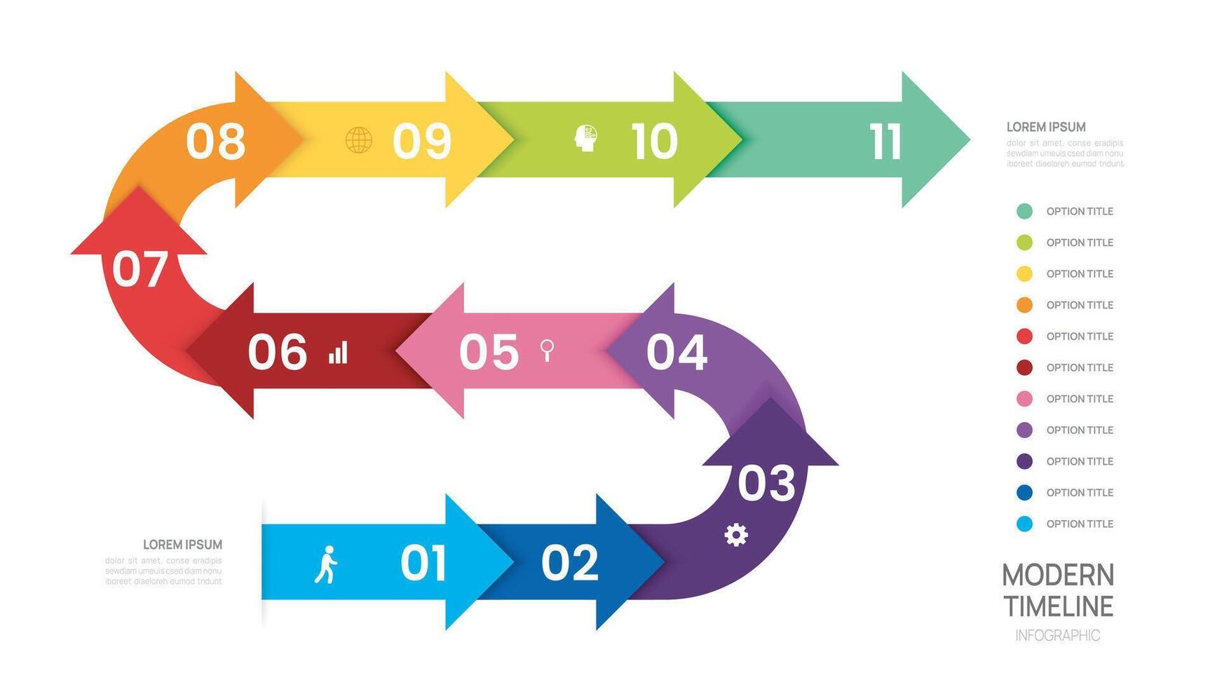 Infographics arrow timeline business 11 steps to success template. illustration. vector