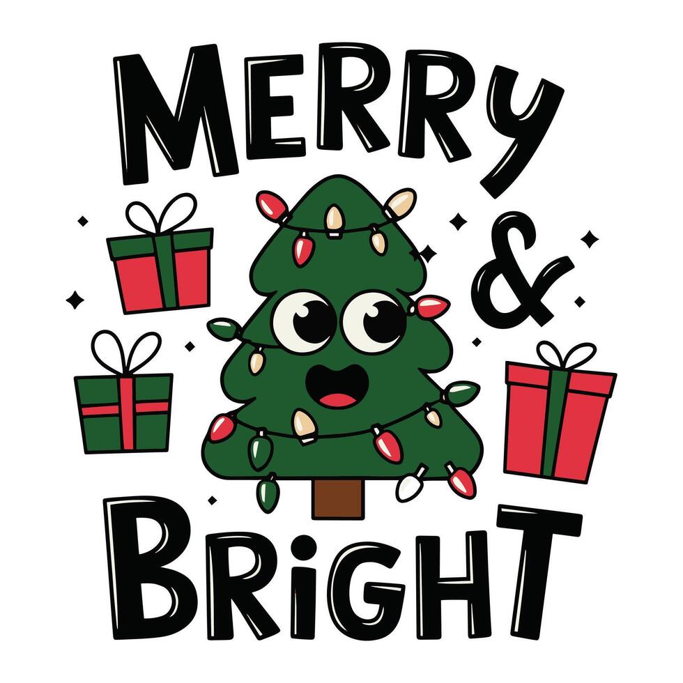 Merry and Bright T Shirt Design Happy Christmas Tree vector