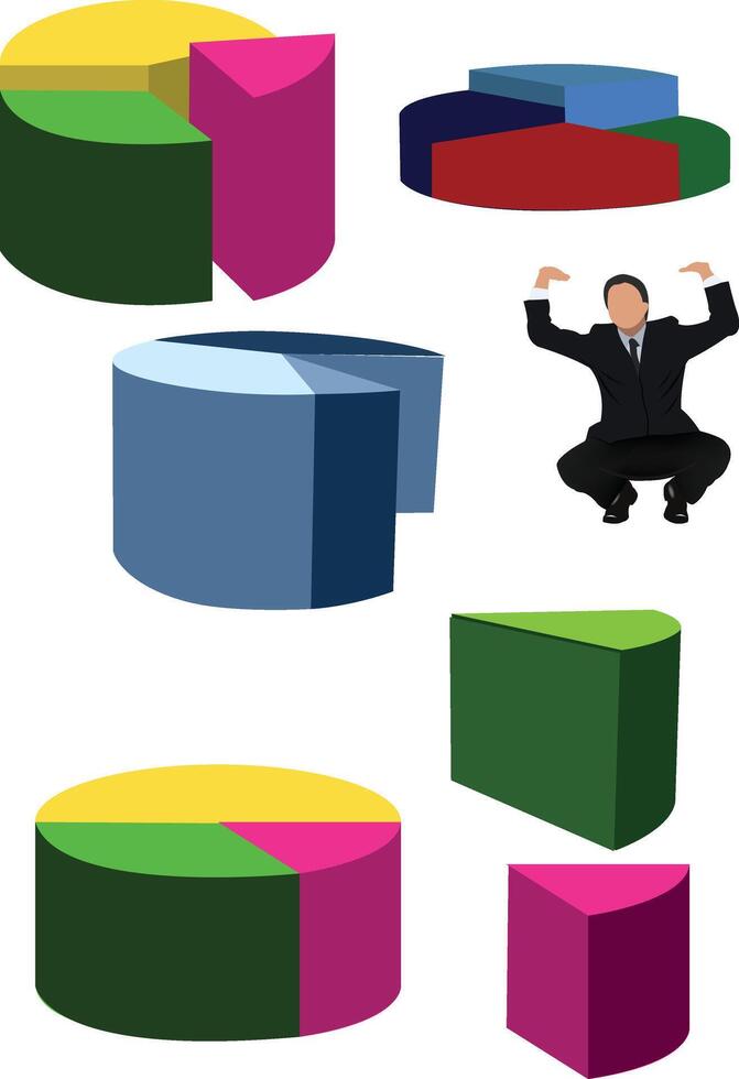 Business man in suit and tie sitting on pie charts vector