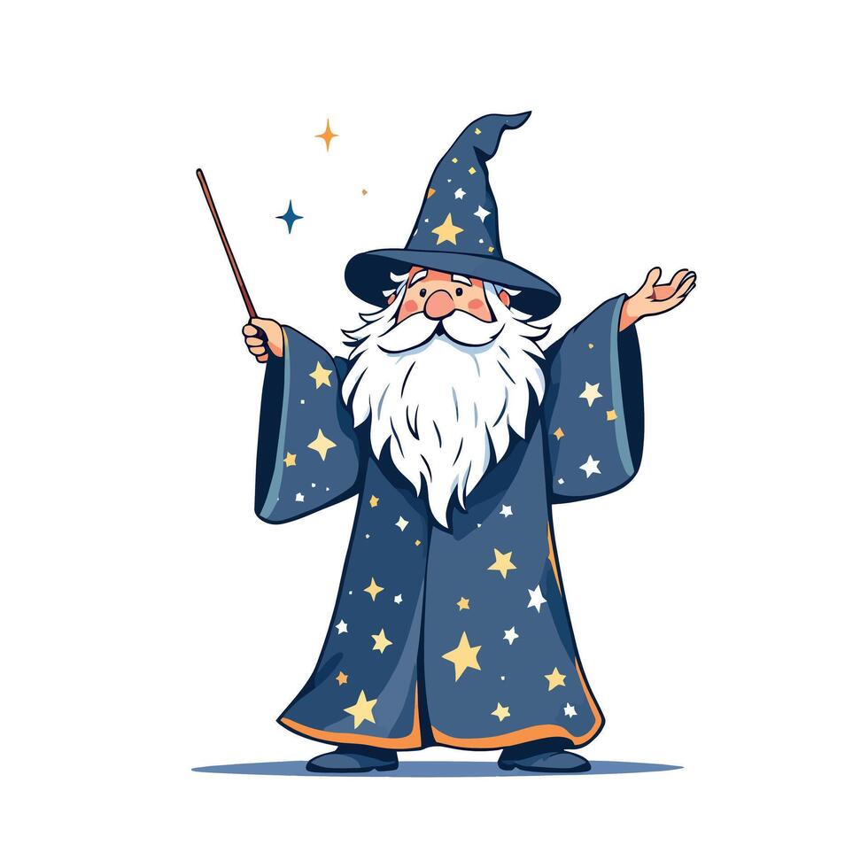 Smiling wizard holding magic wand and performing trick vector
