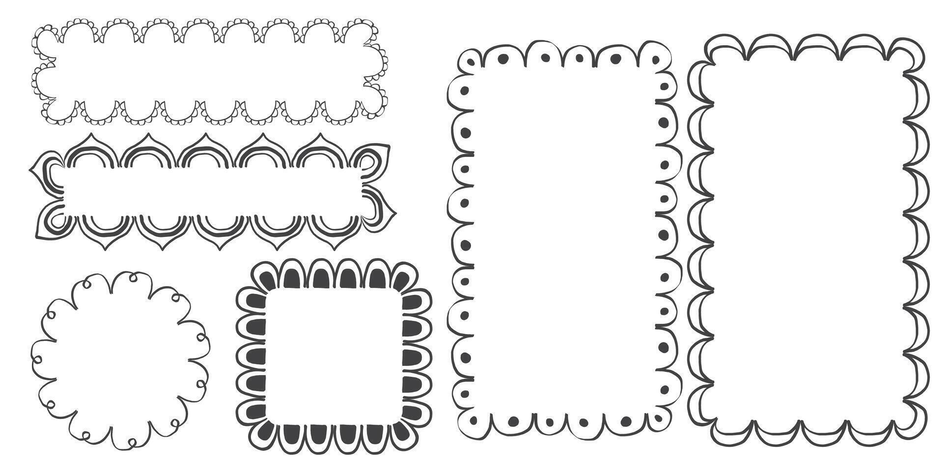 Hand drawn lace scalloped frames. Square, round and rectangle scalloped frames vector