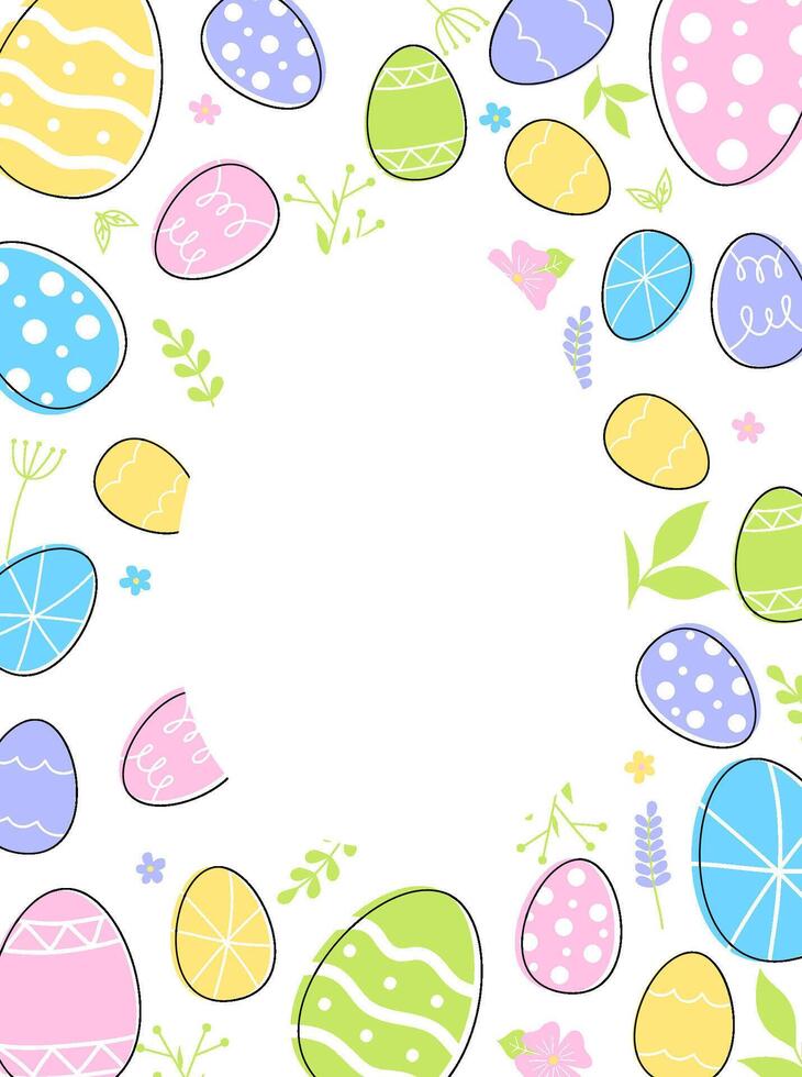 Easter eggs composition hand drawn black on white background. Decorative horizontal stripe from eggs with doodle leaves. vector