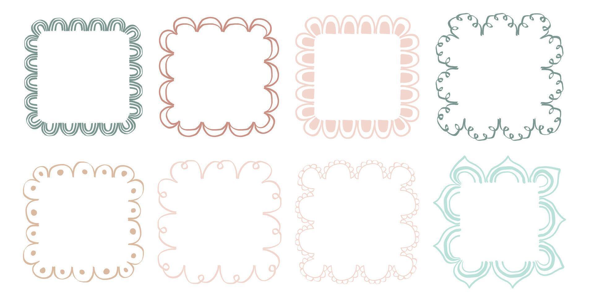 Hand drawn lace scalloped frames. Square, round and rectangle scalloped frames vector