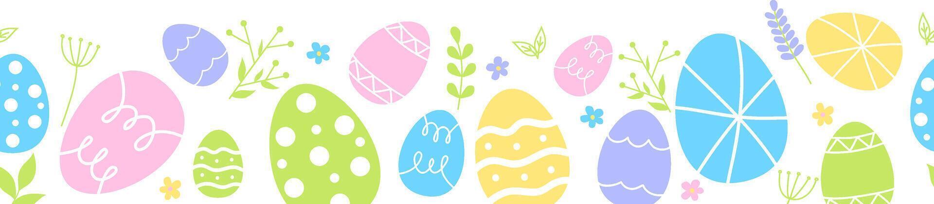Easter eggs composition hand drawn black on white background. Decorative horizontal stripe from eggs with doodle leaves. vector