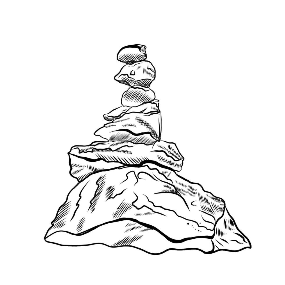 Stone Stacking Art. Rock Balancing illustration, sketch style hand drawn print. Cairn stones. Meditation and balance art concept poster. vector