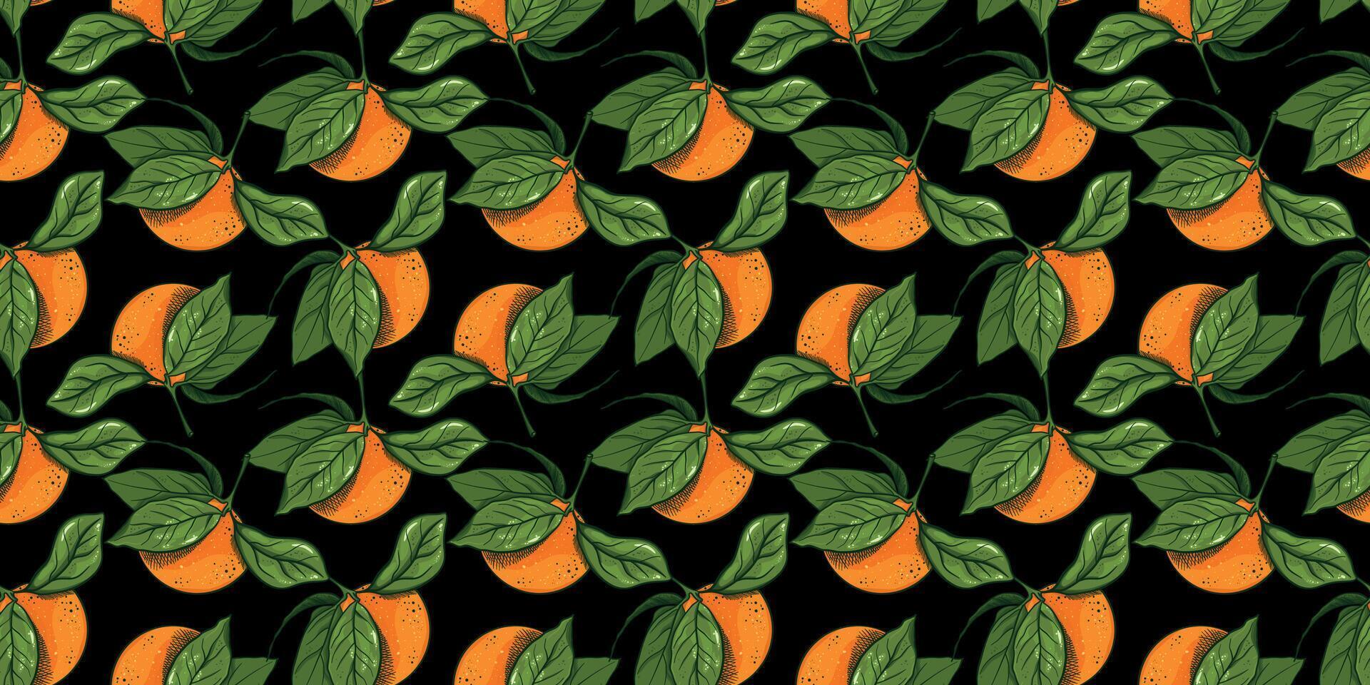 Citrus summer seamless pattern, orange on branches with leaves. Mandarin Fruits background. Tropical fabric, textile design with tangerine vector