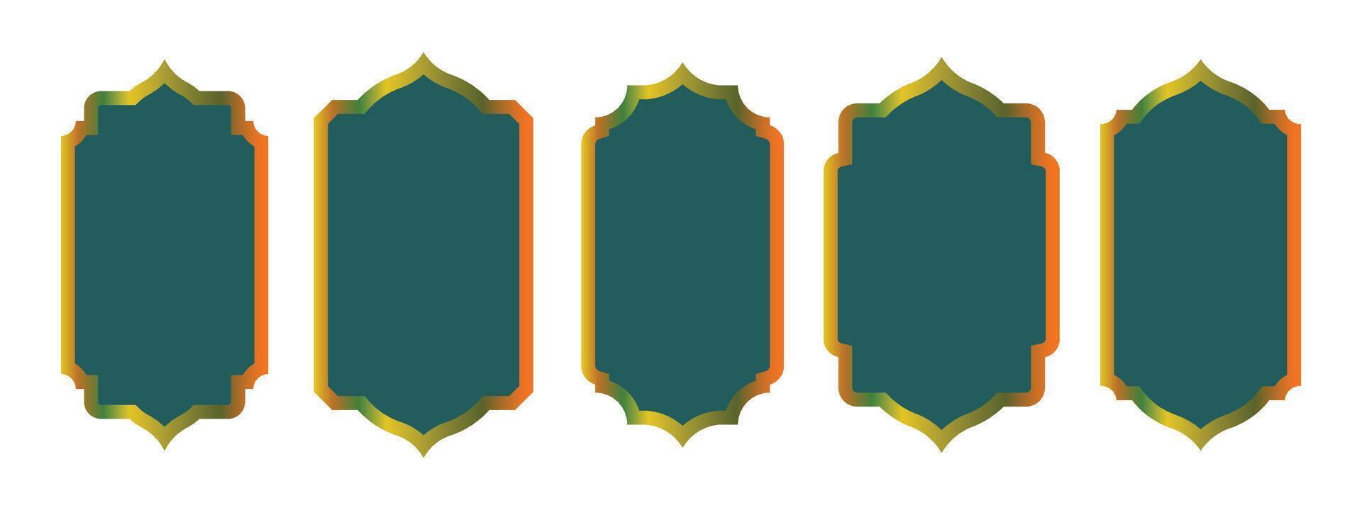 Islamic window or door arch shape set. Muslim arab gold frames isolated on white background. vector