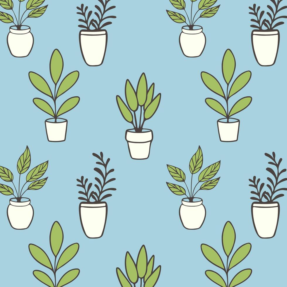 Blue pattern with indoor plants in flowerpots, cozy home, recreation area, relaxation, remote work, comfortable conditions. vector
