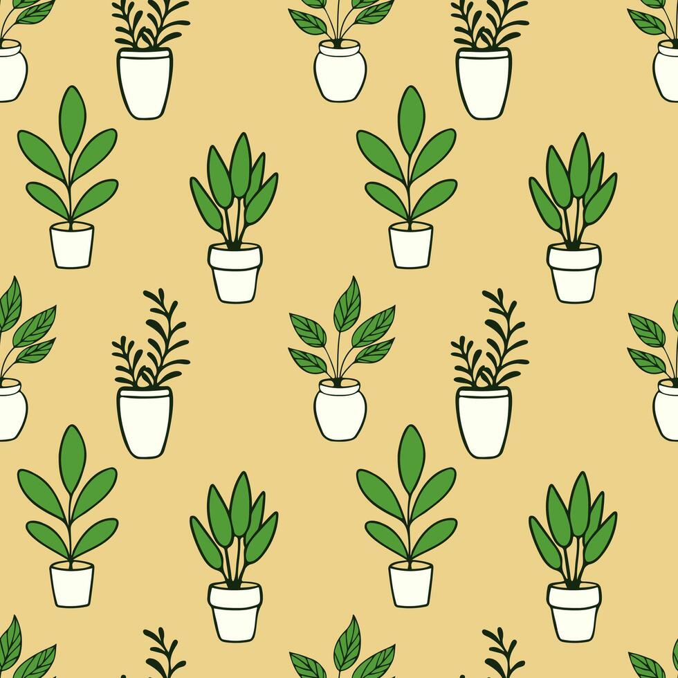Yellow pattern with indoor plants in flowerpots, cozy home, recreation area, relaxation, remote work, comfortable conditions. vector