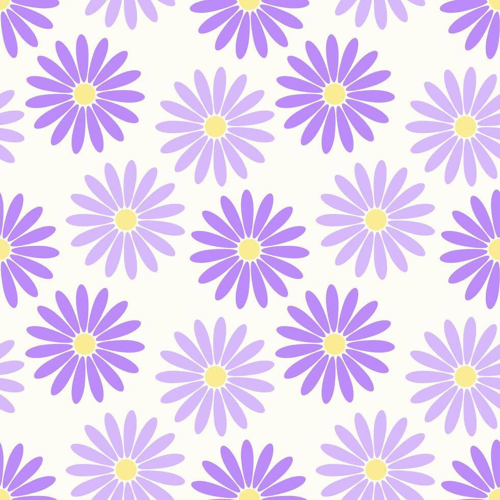 Purple asters on beige background. Seamless pattern, lilac cosmos flowers print for wrapping paper wallpaper textile vector