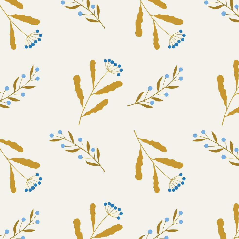 Botanical pattern, hand drawn abstract branches with blue berries on beige background. vector