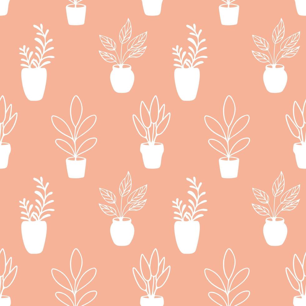 Pink pastel pattern with silhouette indoor plants in flowerpots, cozy home, recreation area, relaxation, remote work, comfortable conditions. vector