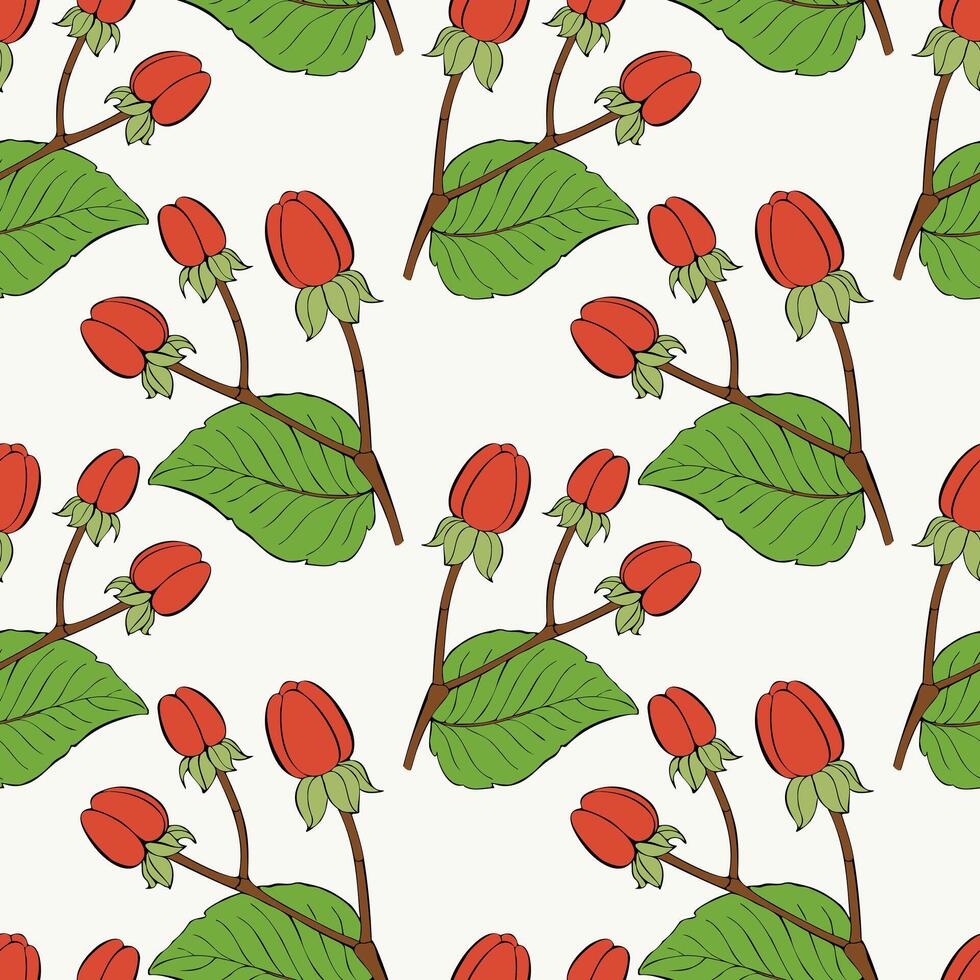 Seamless pattern with red berries, Hypericum Berries, for printing on fabric, textile, wrapping paper, decorative wallpaper, packaging. vector