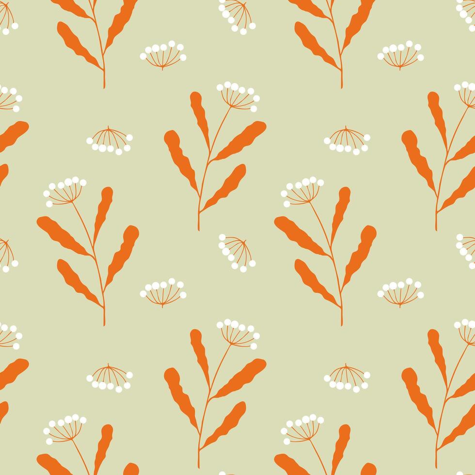 Autumn vibes pattern, orange twigs with white berry, on green pastel background. vector