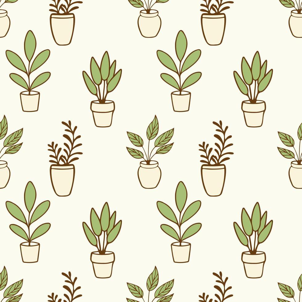 Seamless pattern with indoor plants in flowerpots, cozy home, green recreation area, relaxation, remote work, comfortable conditions. vector