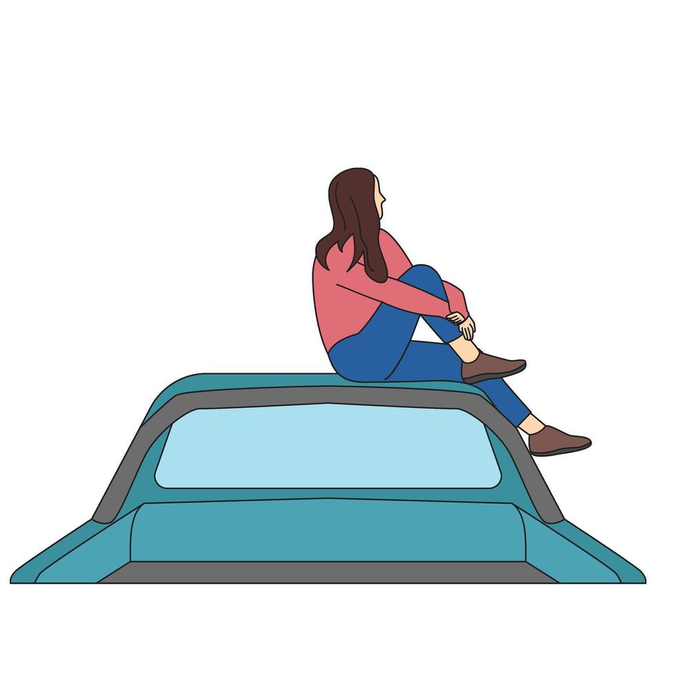 Woman sitting on a car Holiday Vacation illustration vector