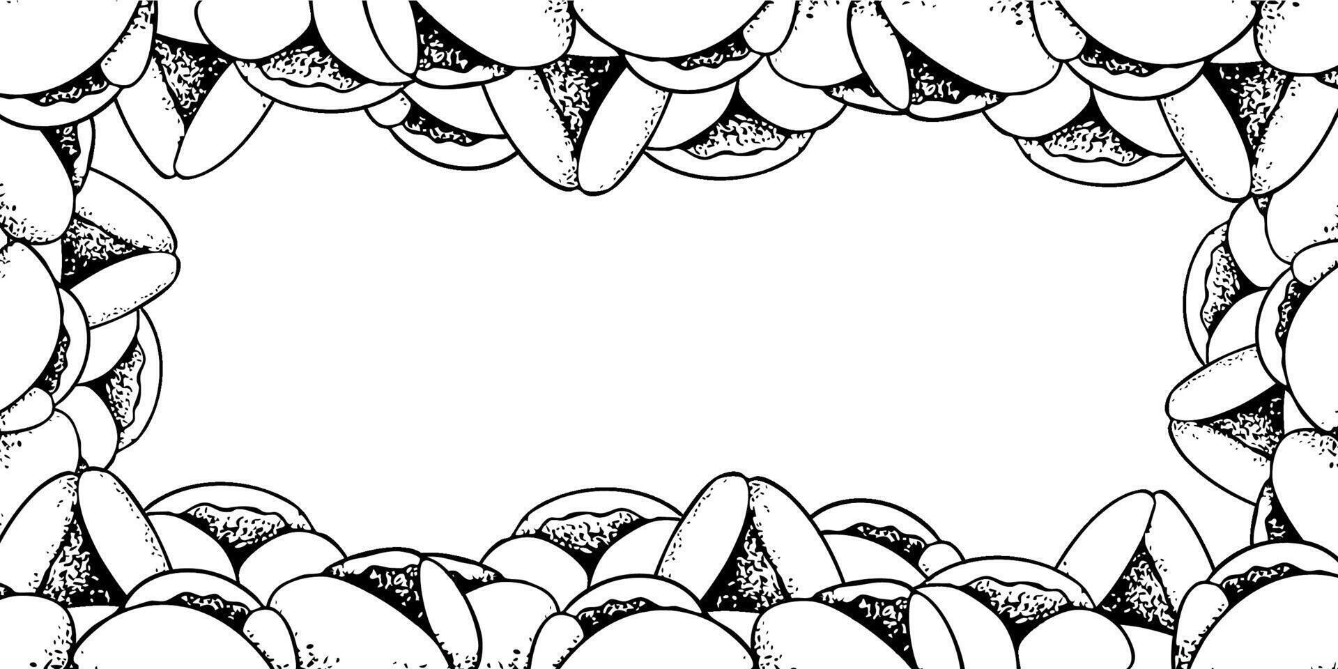 Line Purim cookies black and white horizontal frame. Simple sketch illustration for banners, cards and coloring. Jewish triangle pastry Oznei Haman or Hamantaschen for holiday templates design vector