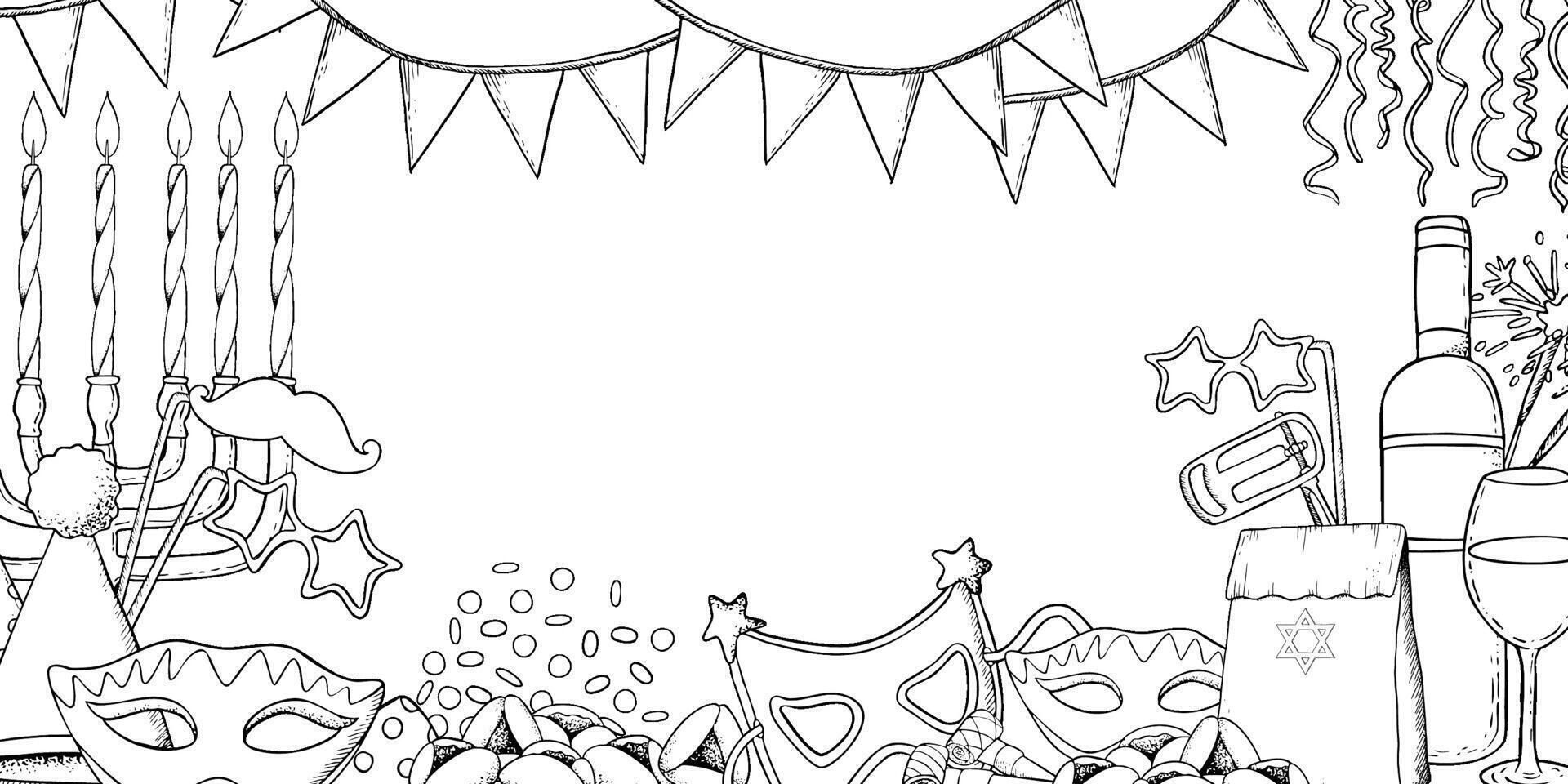 Jewish Purim symbols horizontal banner template with copy space black and white illustration frame in line style. Israel holiday menorah, Torah scroll with mask, raashan, cookies for coloring vector