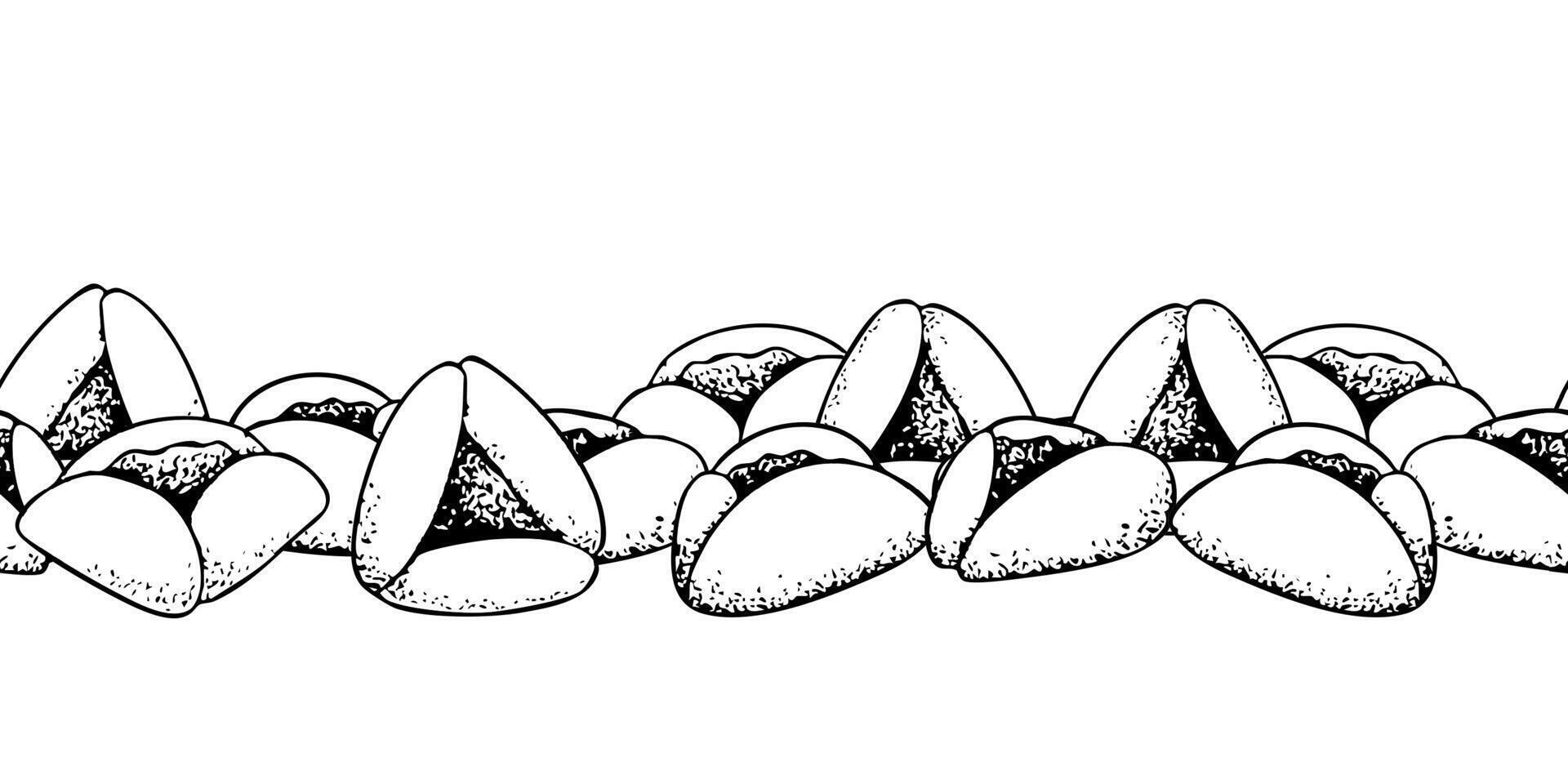 Black and white Purim cookies horizontal seamless border. Simple line sketch illustration for banners, cards and coloring. Jewish traditional pastry Oznei Haman or Hamantaschen for holiday vector
