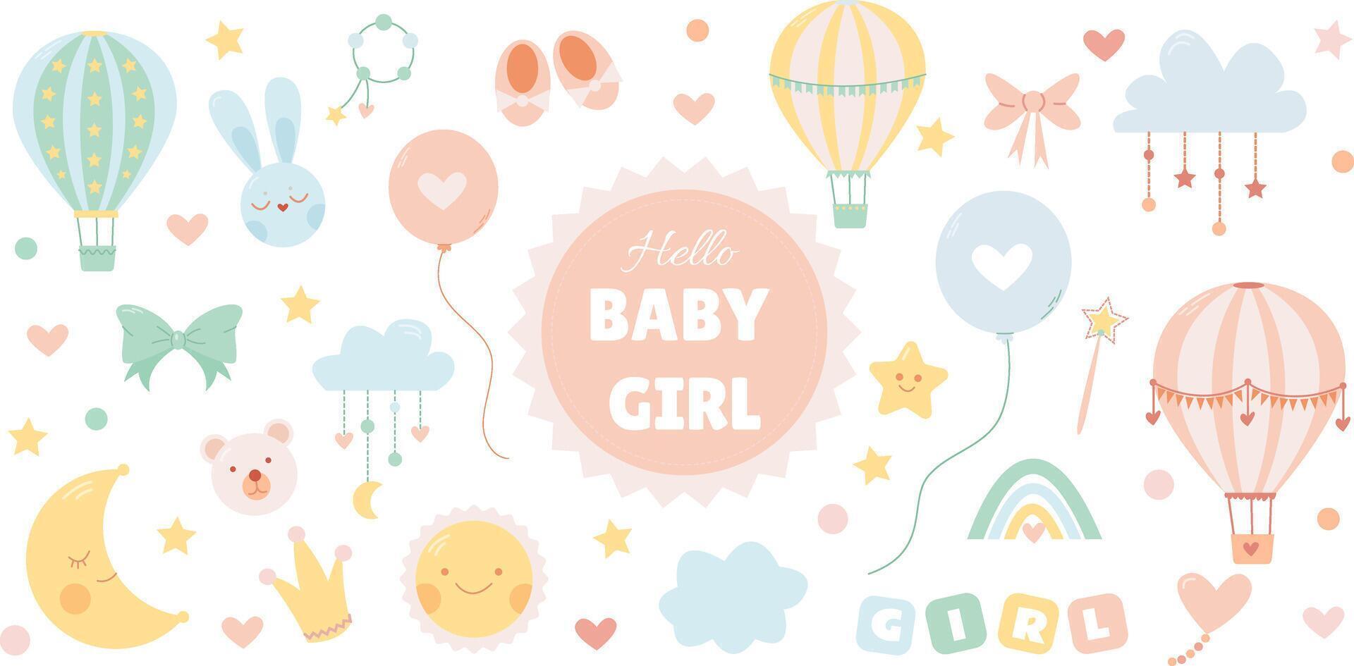 Set with cute toys and decor for a little girl on a white background vector