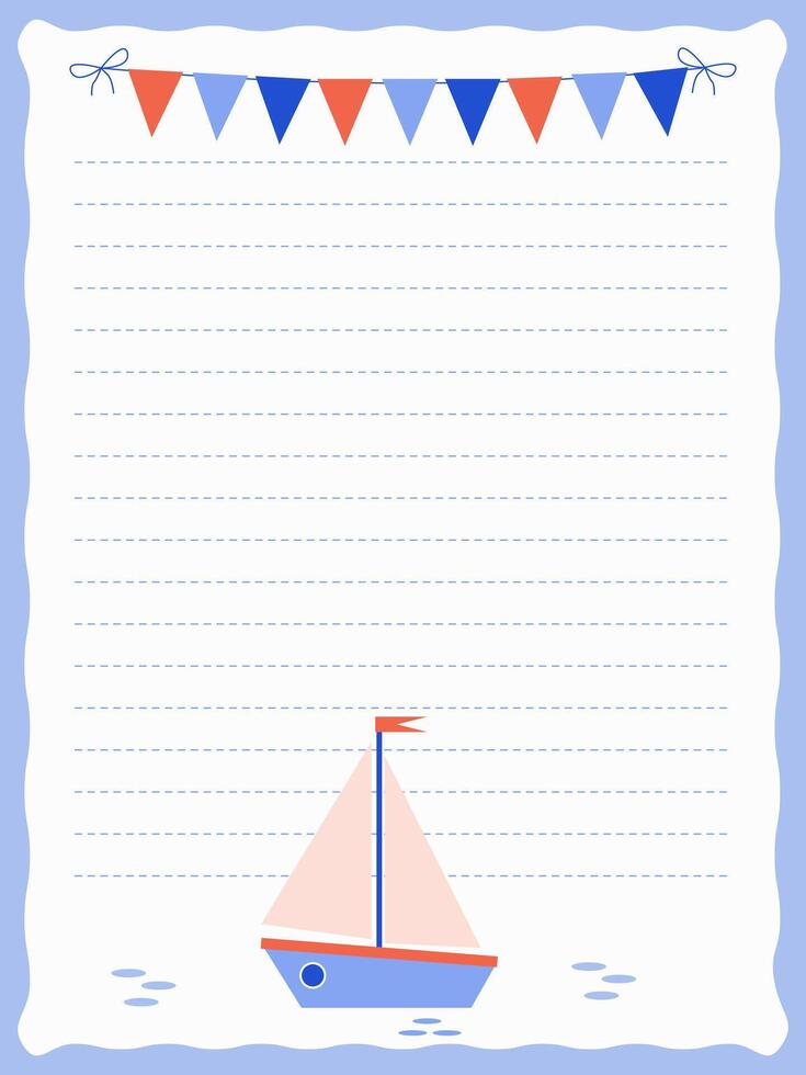 Page template for records on the sea theme with a boat and colored flags vector