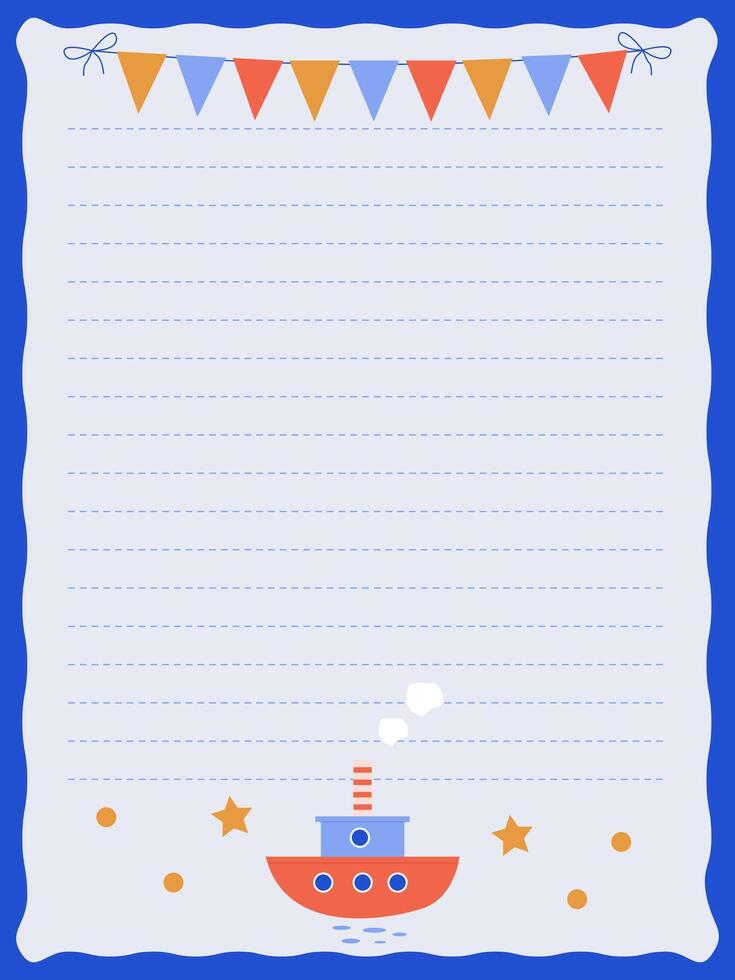 Nautical theme notebook page template with cute ship for boys vector