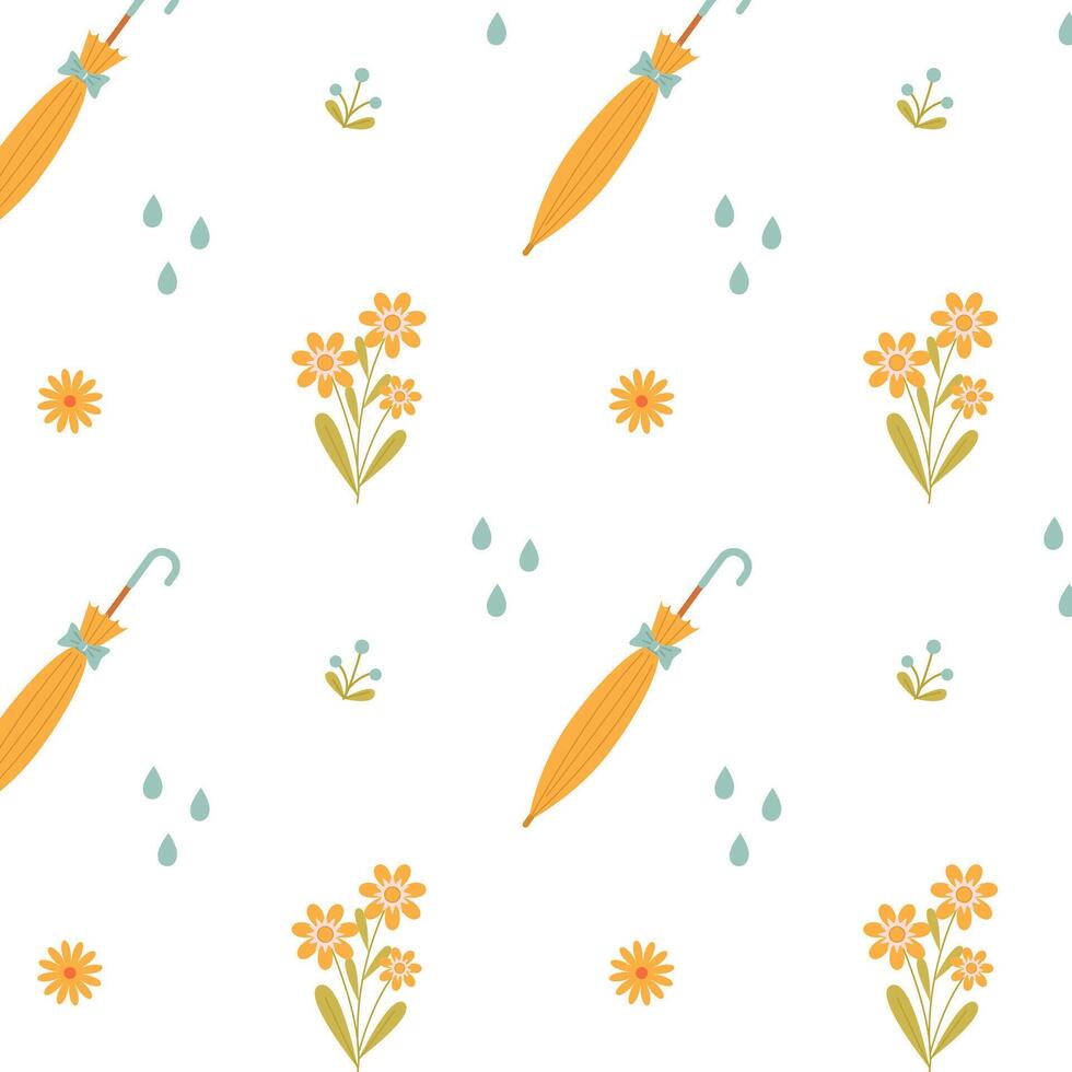 Cute spring pattern with orange folded umbrella, raindrops and flowers vector