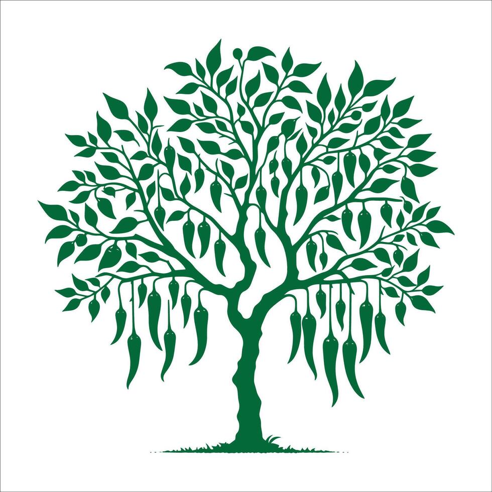 Unique Stylized Tree Illustration with Green Leaves and Hanging Green Chili Peppers for Nature and Food vector