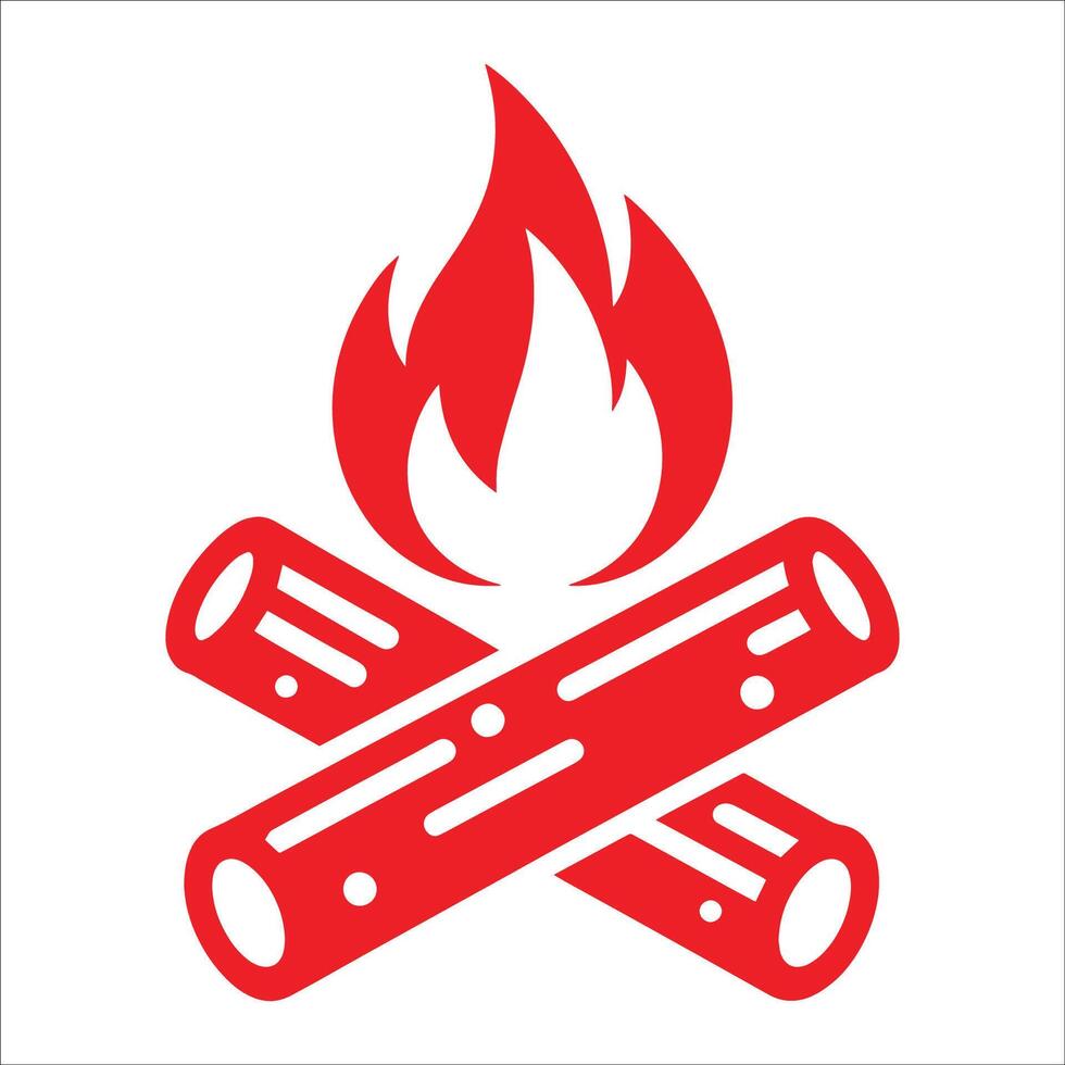 Bright Red Campfire Icon with Crossed Logs - Ideal for Outdoor Activities, Camping, and Bonfire Graphics vector