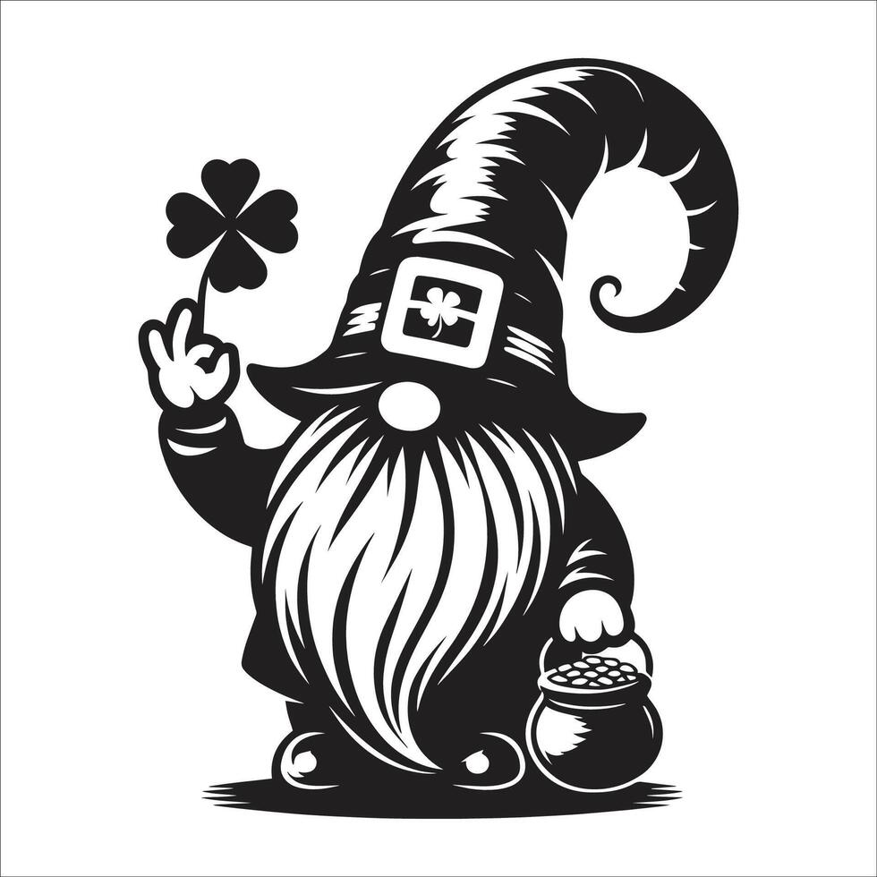 Black And White Cartoon Irish Gnome Characters Clipart, St. Patrick's Day Gnome Graphic Design Icons Isolated On White Background vector