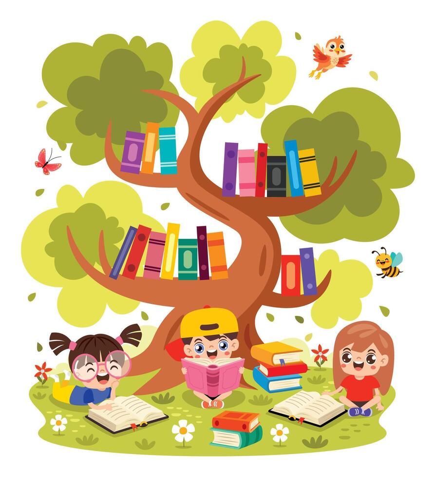 Cute Pupils Reading Book At Park vector