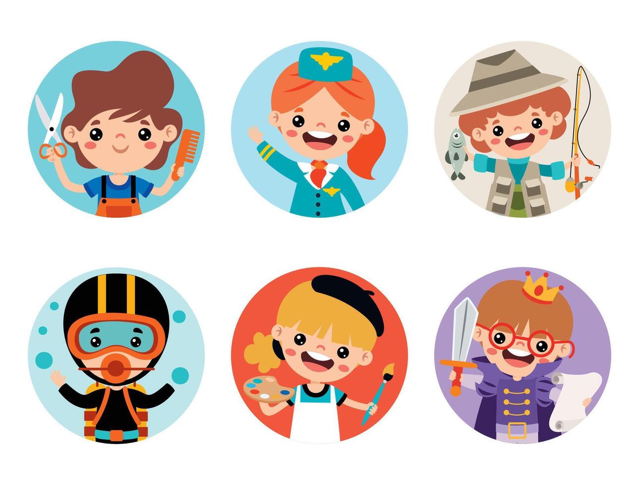 Cartoon Barber, Hostess, Fisherman, Diver, Painter, Actor vector