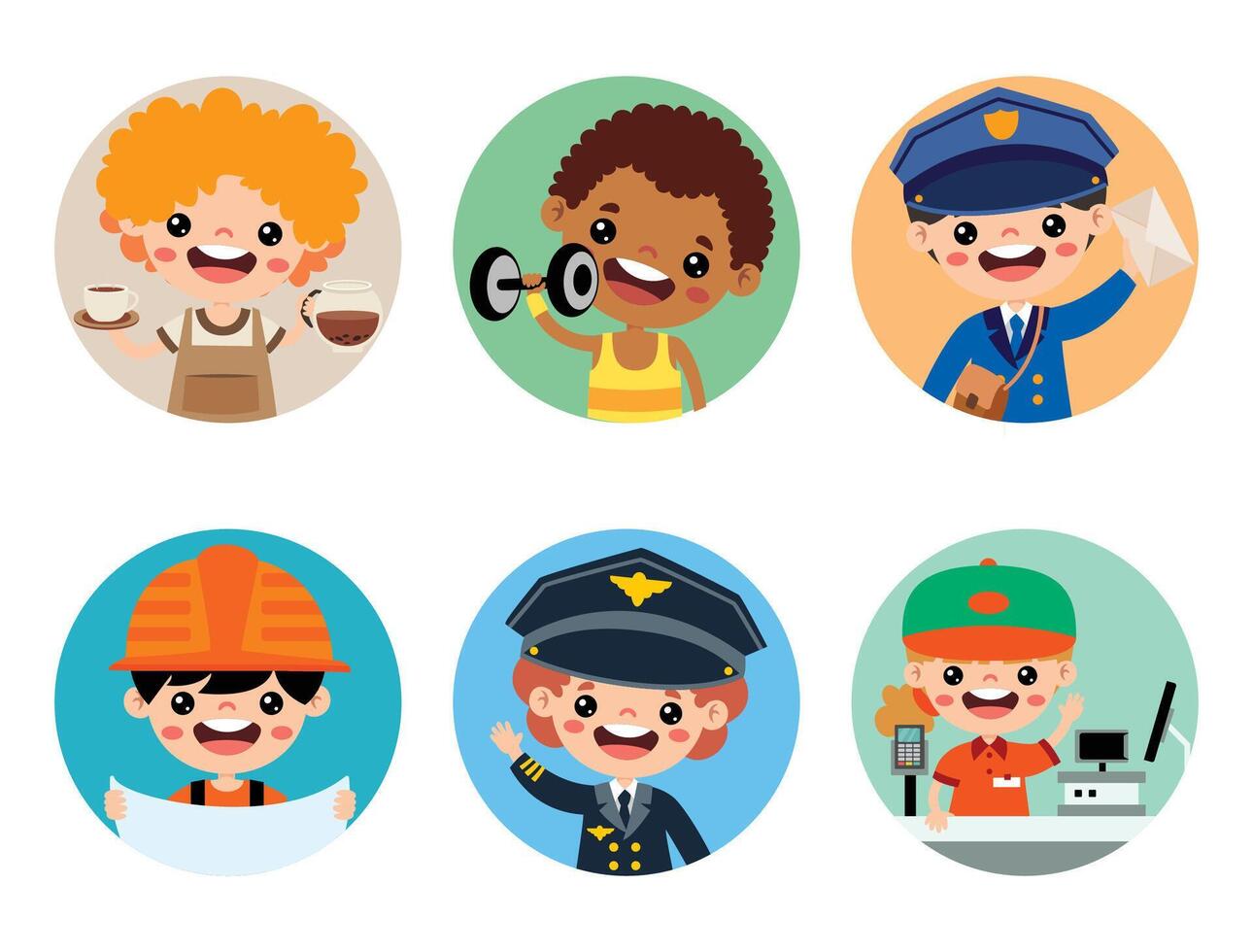 Cartoon Barista, Sportsman, Postman, Architect, Pilot, Cashier vector