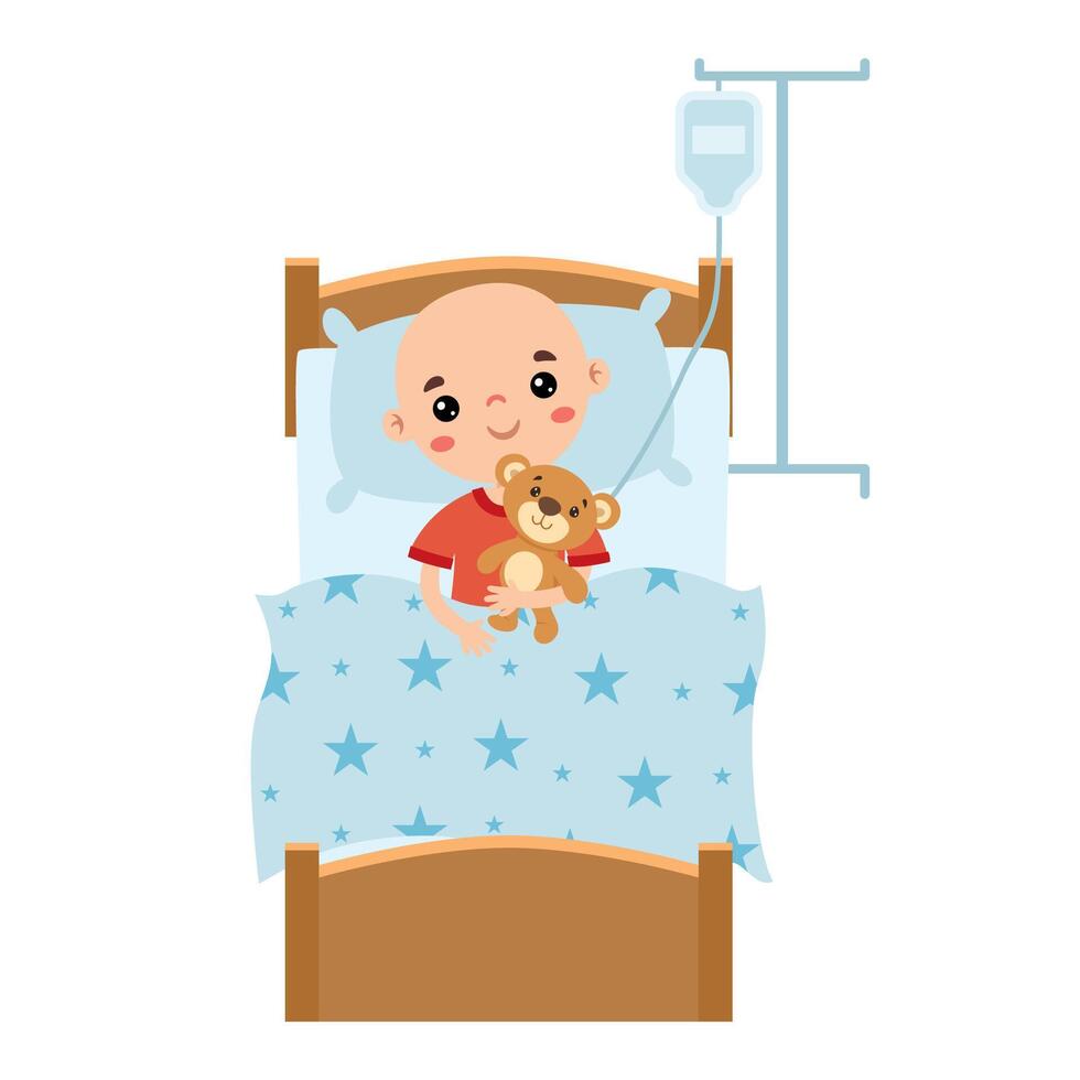 Kid With Leukemia Lying On Bed vector