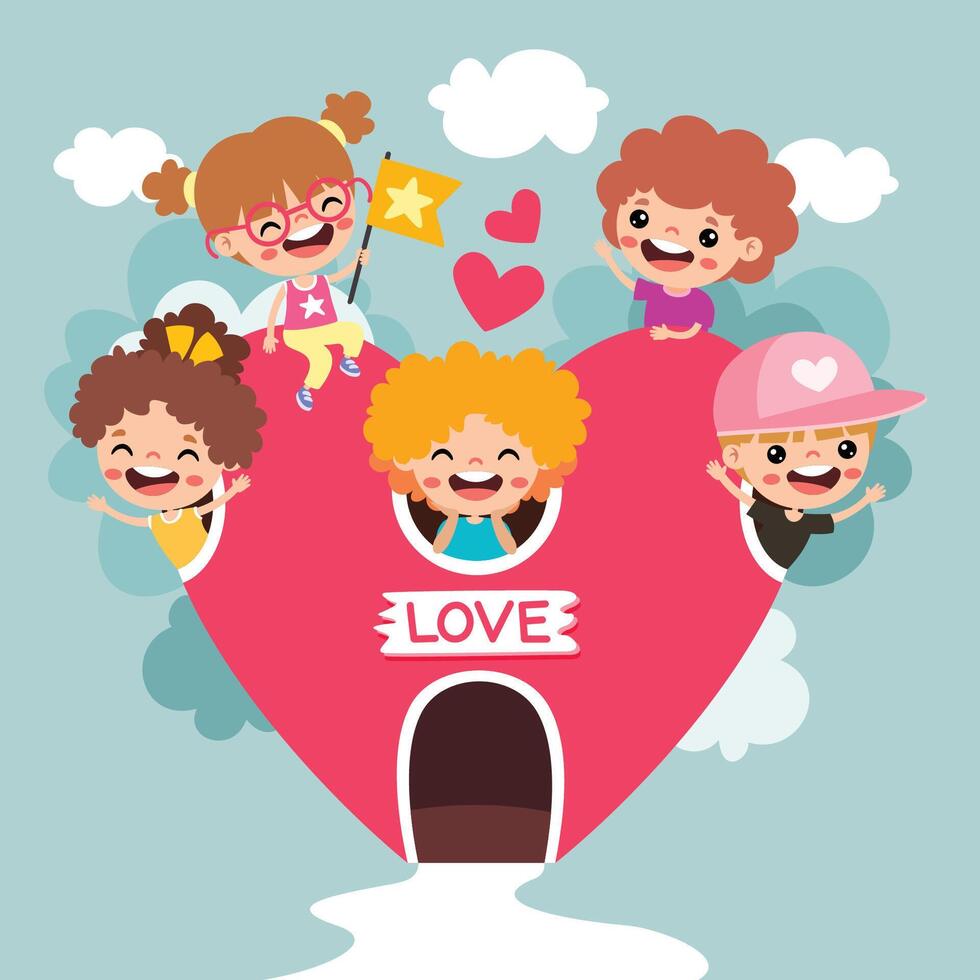 Cartoon Children Posing In A Heart House vector