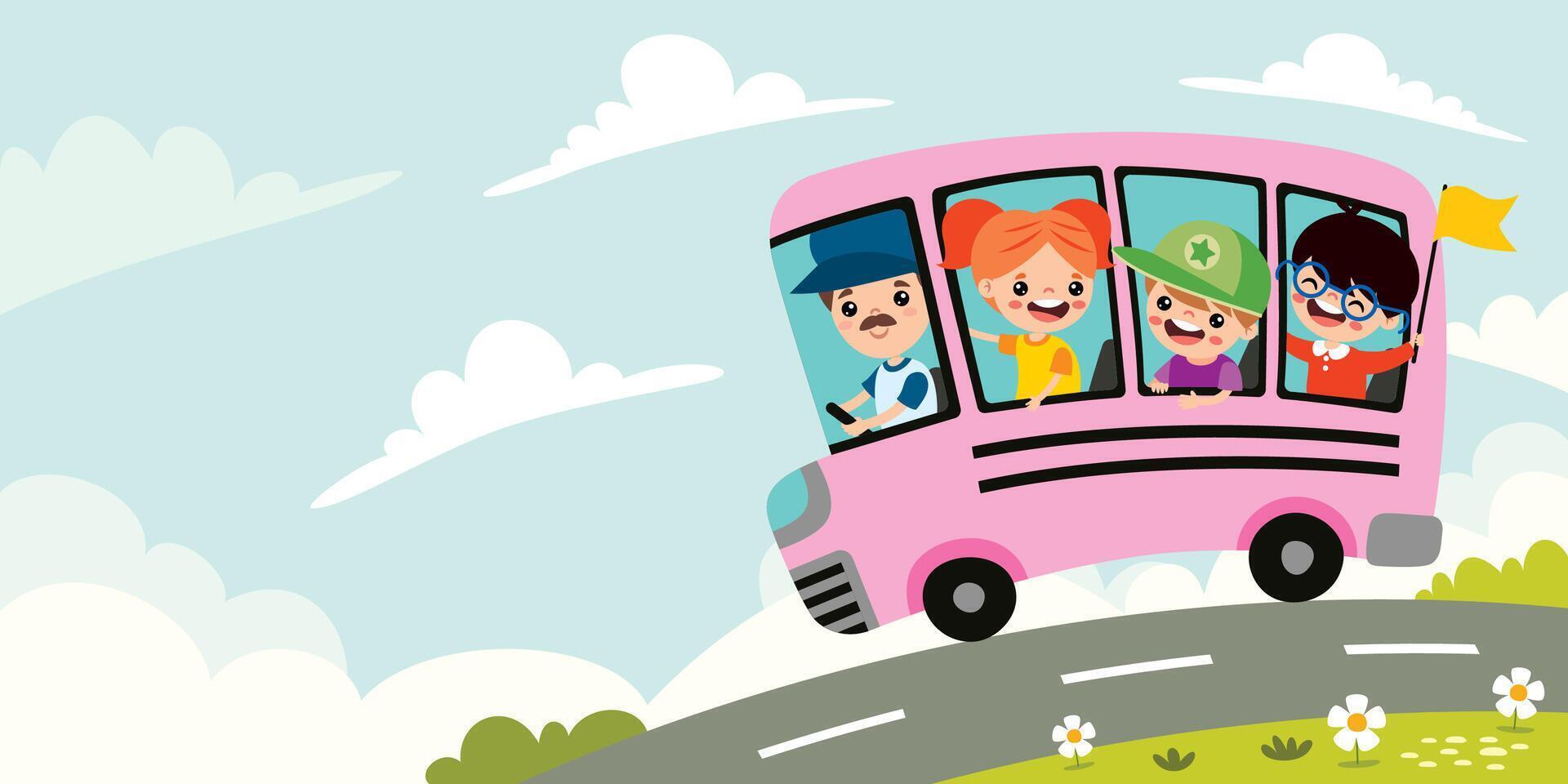 Kids Going To School By Pink Bus vector
