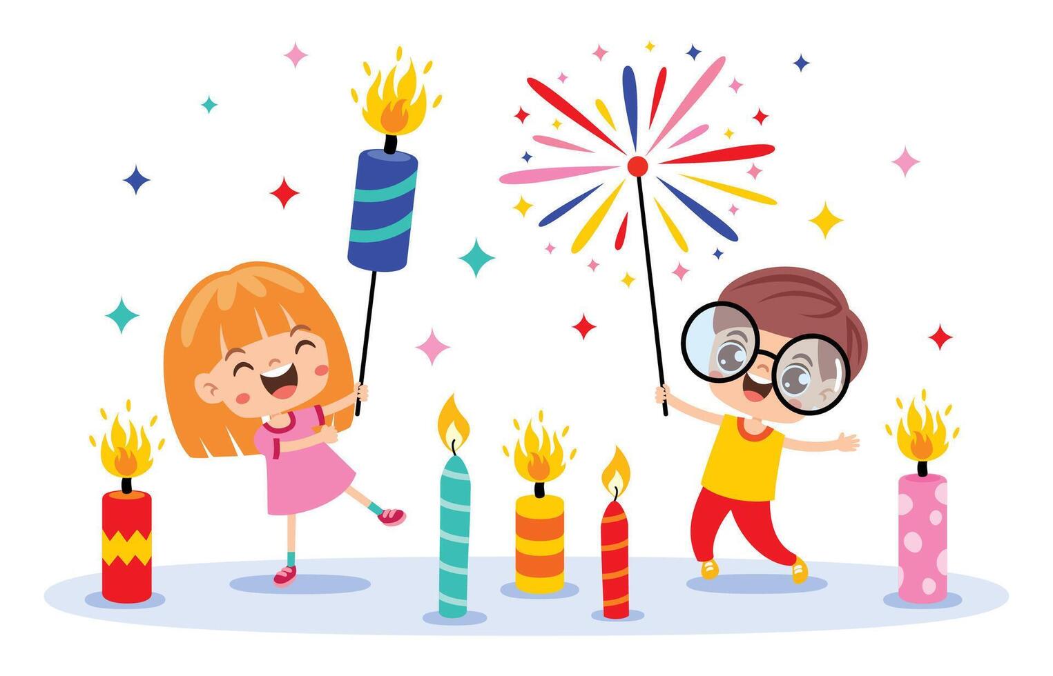 Cartoon Kids Playing With Fireworks vector