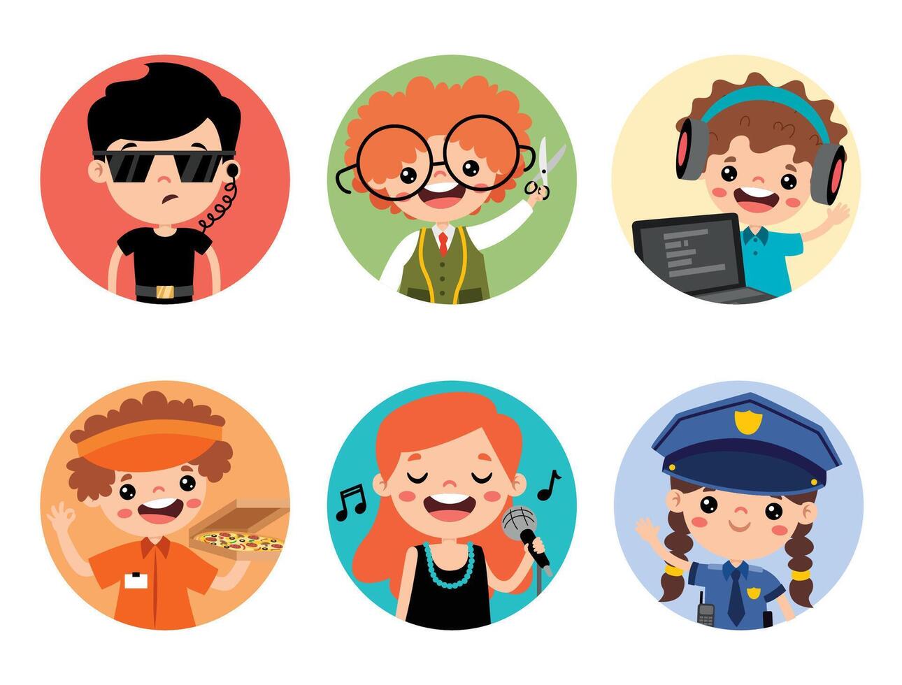 Cartoon Bodyguard, Tailor, Programmer, Pizza Worker, Singer, Police Officer vector