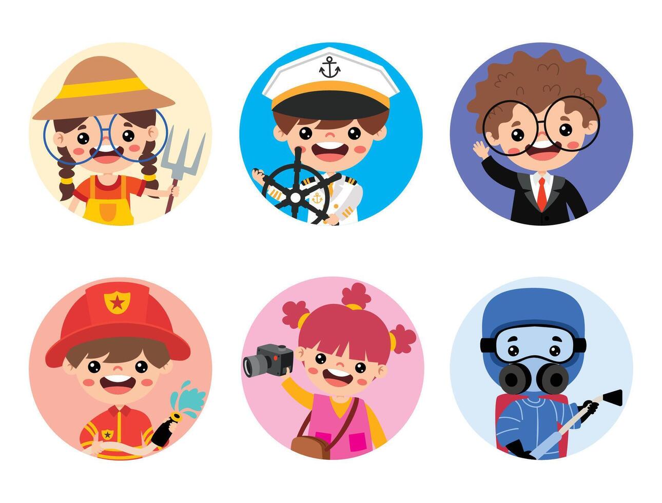 Cartoon Farmer, Captain, Businessman, Fireman, Photographer, Disinfector vector
