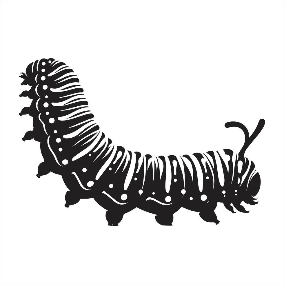 Black and White Caterpillar Illustration Detailed Insect Silhouette Clipart Creepy Crawling Bug Nature Wildlife Design vector