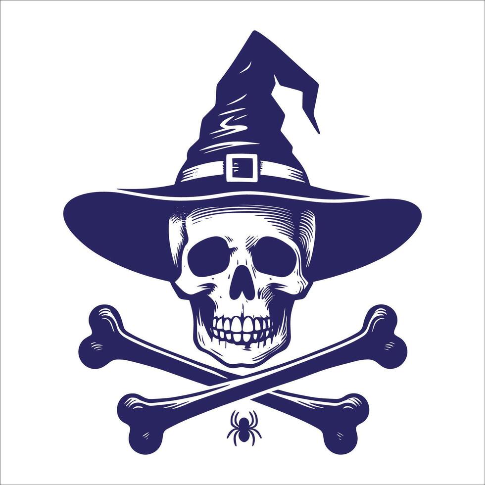 Dark Blue Witch's Hat with Crossed Bones and Spider - Perfect for Halloween and Spooky Themes vector