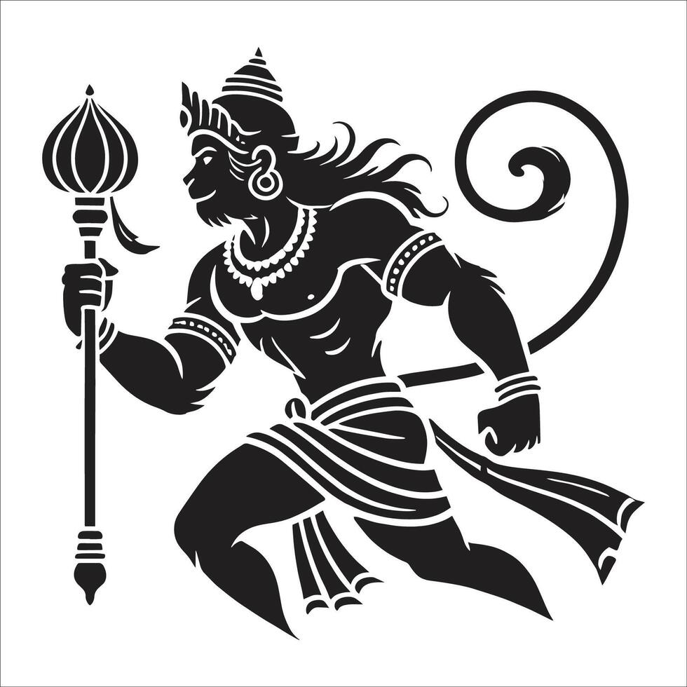 Lord Hanuman Silhouette Art Hindu Mythology Hanuman Ji Holding Gada Powerful Bajrangbali Illustration Hindu God Hanuman Black and White Clipart Spiritual Hanuman Chalisa Poster vector
