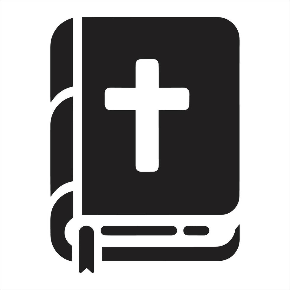 A black and white icon of a bible with a cross on it vector