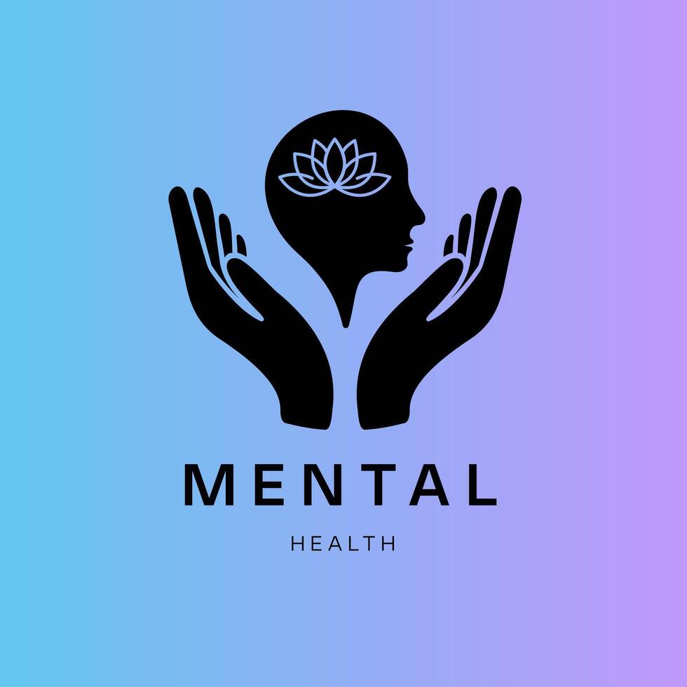A symbolic illustration of two hands gently cradling a human head with a stylized brain inside, signifying care, support, and the importance of mental health. vector