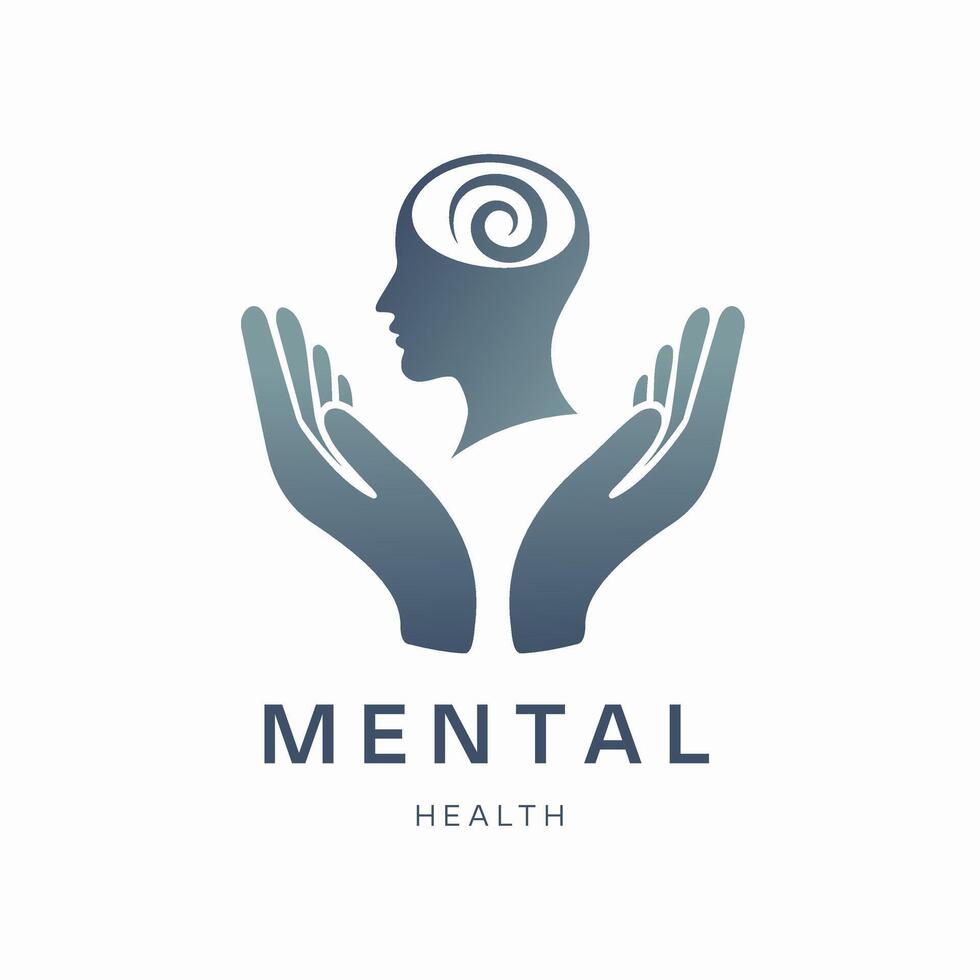 depicts a human head with a lotus flower blooming atop, cradled in two cupped hands, symbolizing the importance of nurturing mental well-being. vector